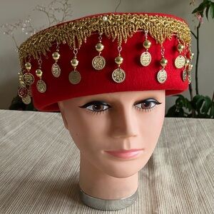 Chic Red Wool Hat With Gold  Coin Beaded Trim